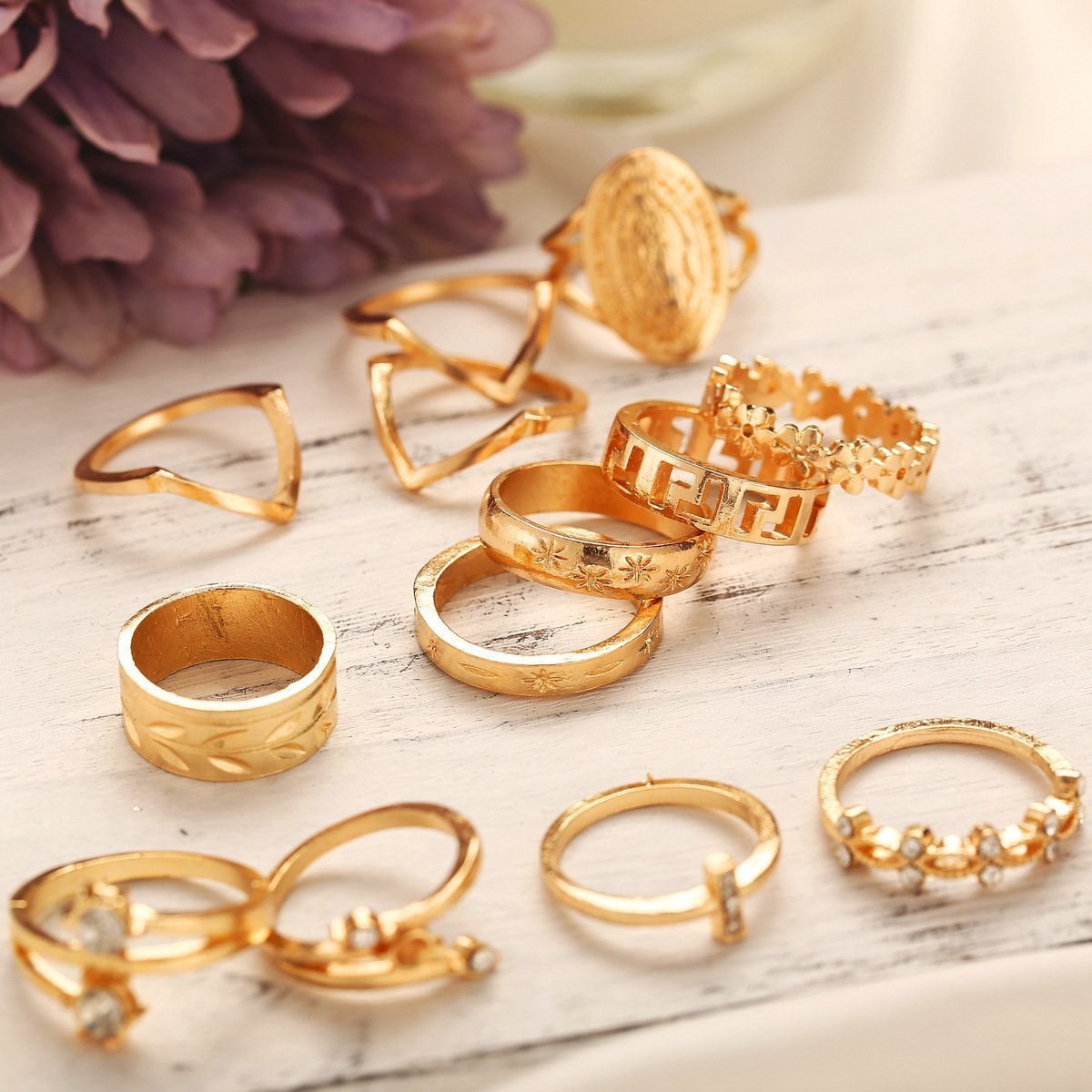 13 Piece Medallion Ring Set With Austrian Crystals 18K Gold Plated Rings hand crafted in Italy