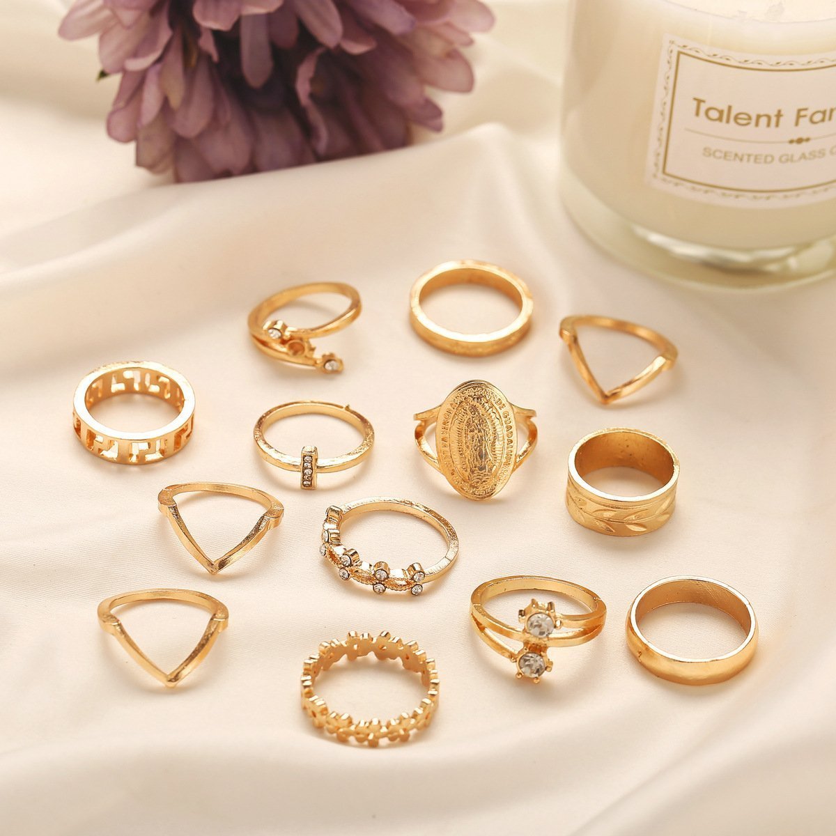 13 Piece Medallion Ring Set With Austrian Crystals 18K Gold Plated Rings hand crafted in Italy