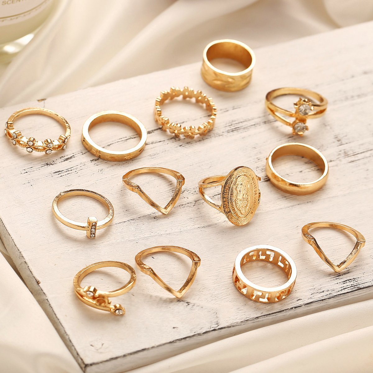 13 Piece Medallion Ring Set With Austrian Crystals 18K Gold Plated Rings hand crafted in Italy