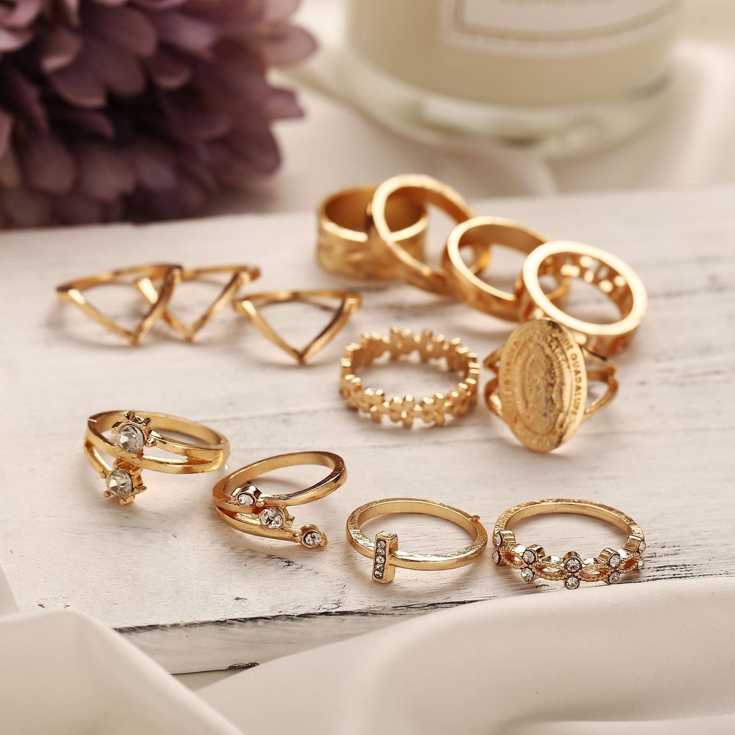 13 Piece Medallion Ring Set With Austrian Crystals 18K Gold Plated Rings hand crafted in Italy