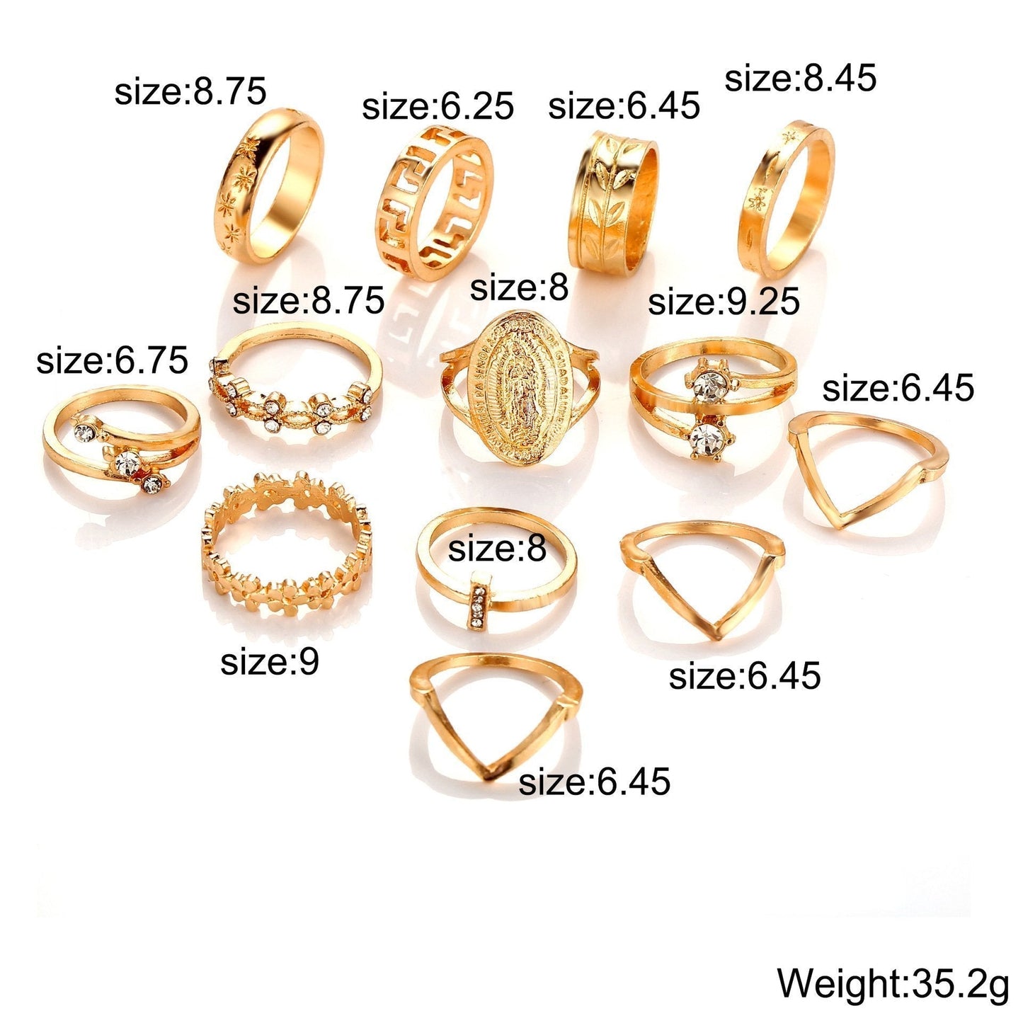 13 Piece Medallion Ring Set With Austrian Crystals 18K Gold Plated Rings hand crafted in Italy